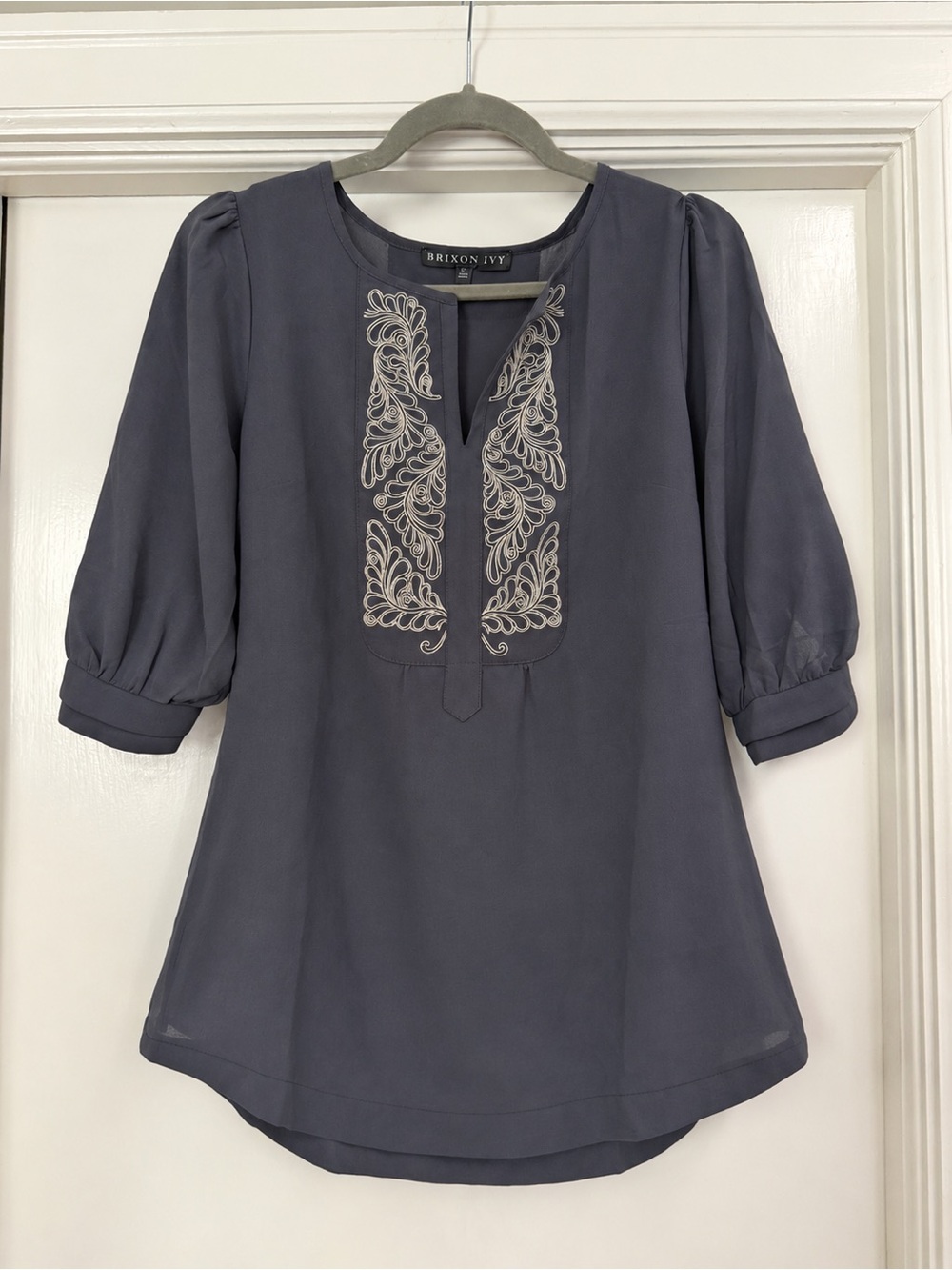 Brixon Ivy Slate-Blue Embroidered Split-Neck Tunic